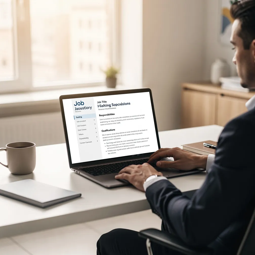 How to Write Job Descriptions That Attract Top Talent Professional workspace with hiring manager reviewing a well-crafted job description on laptop