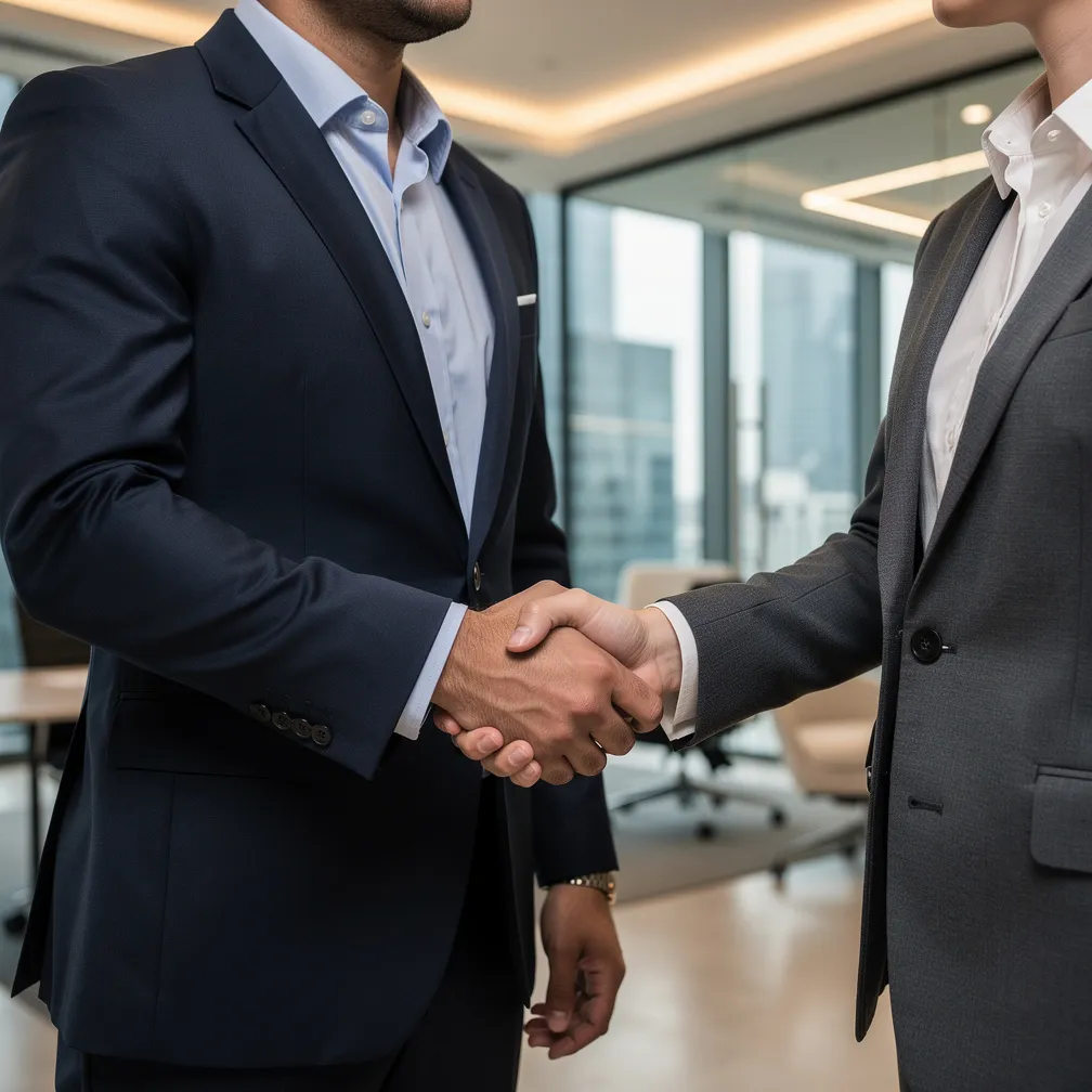 Business Partnership Handshake – Staffing Solutions Two professionals shaking hands representing a successful staffing partnership