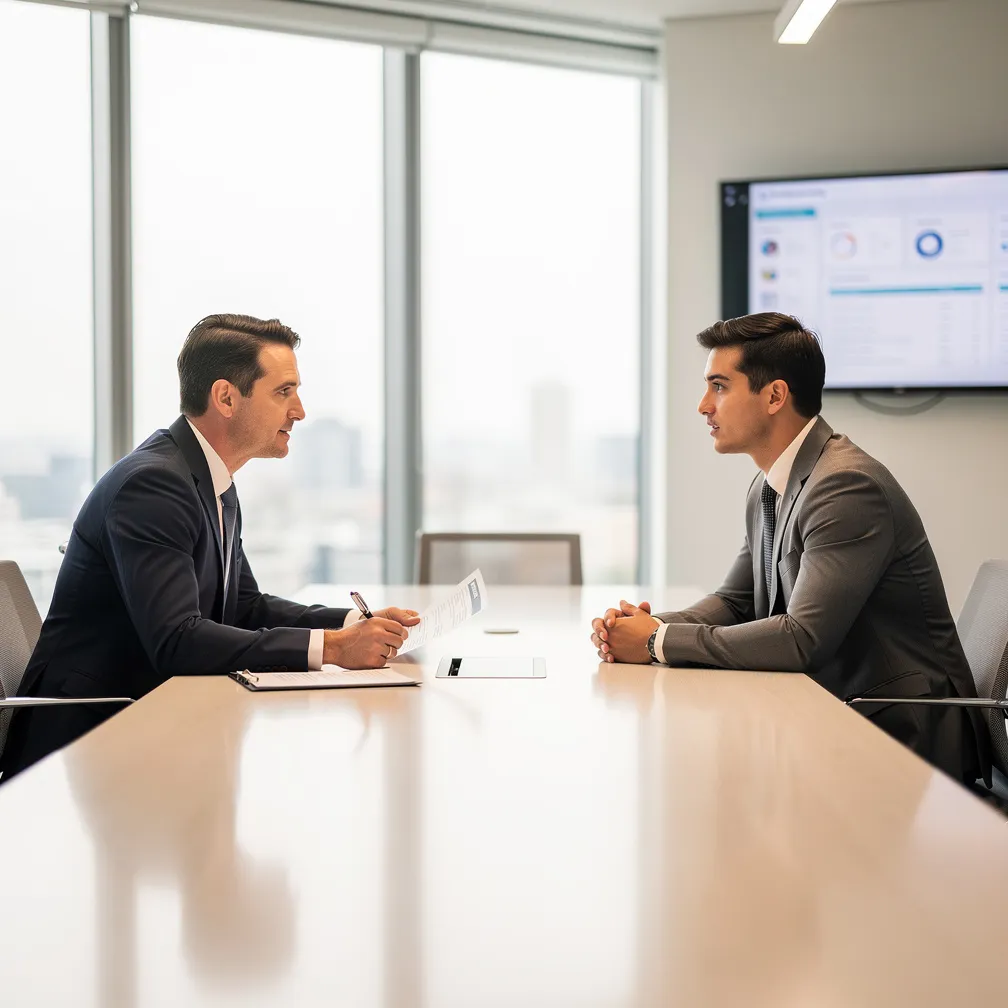 Interviewing Best Practices for Hiring Managers Professional interview scene - hiring manager and candidate having a conversation in a modern office setting