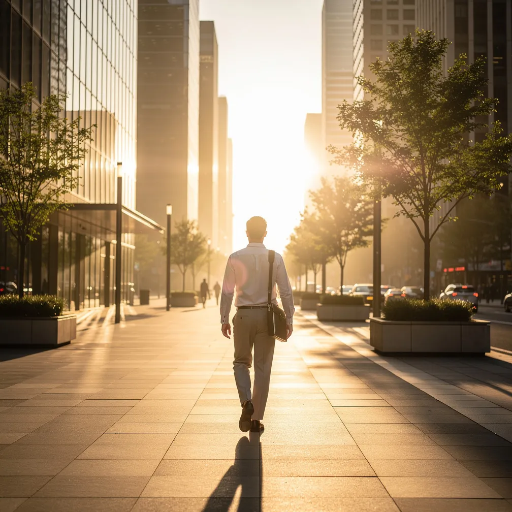 Weekend Motivation for Job Seekers – Career Growth Person walking confidently toward a bright sunrise on a modern city pathway, symbolizing new beginnings and career growth