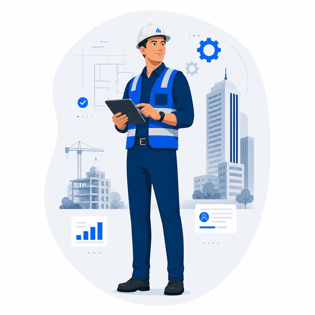 Illustration of a NextPath engineer holding a tablet